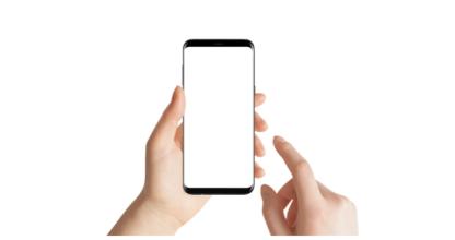 hand holding phone and finger about to touch screen